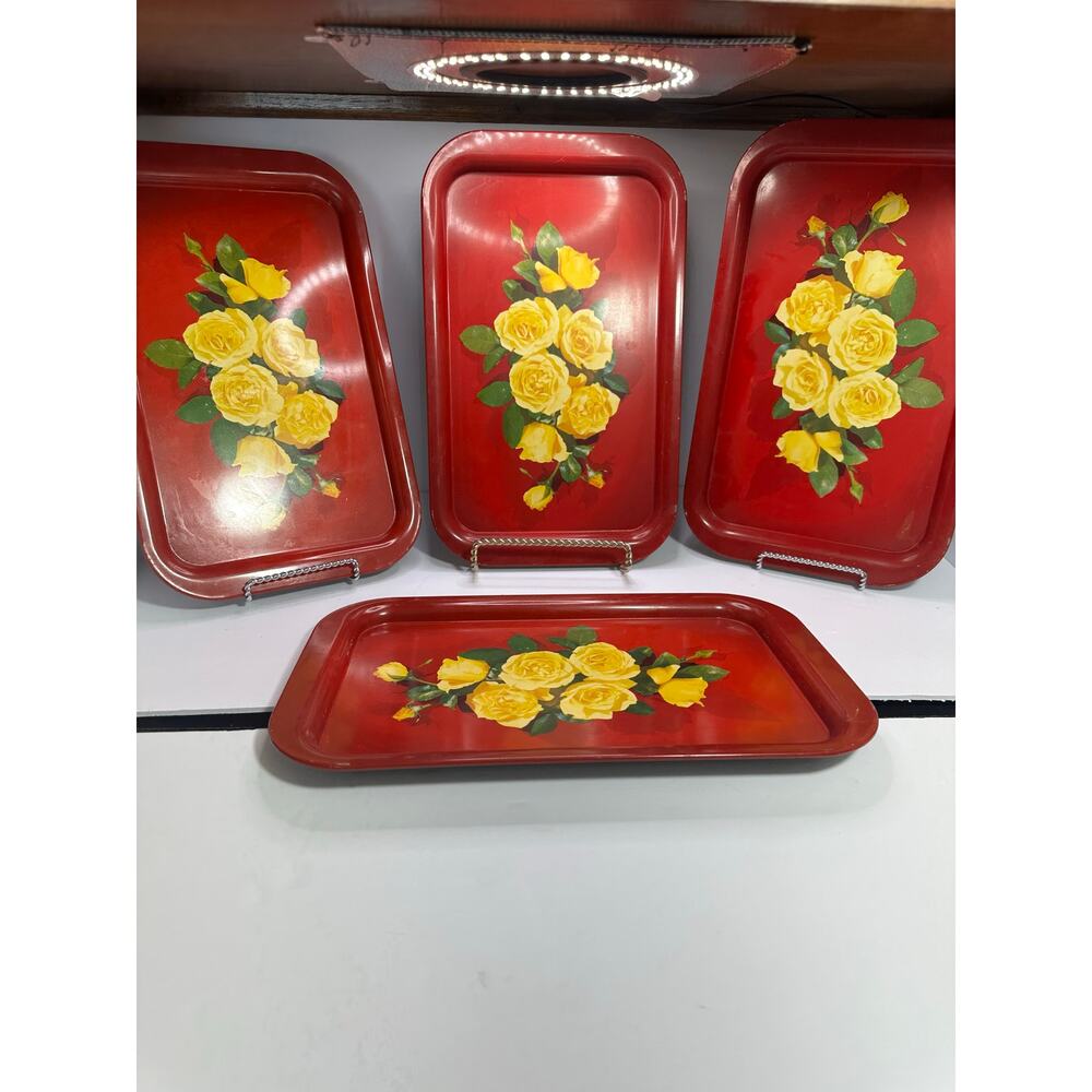 Vintage Red Metal Trays, Yellow Rose Bouquet, Luncheons, Snacks, Farmhouse
